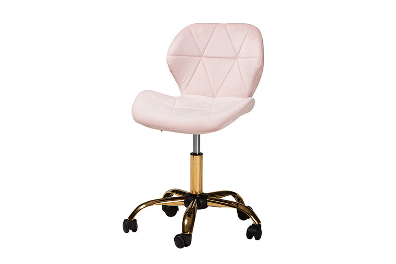 Neva Blush Pink Velvet Fabric and Gold Metal Swivel Office Chair Baxton