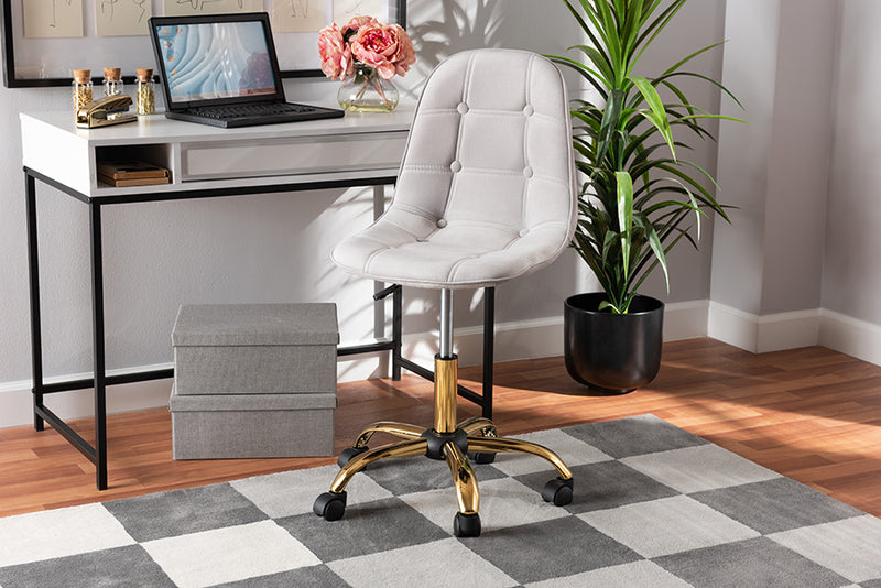 Capucine Contemporary Glam and Luxe Gray Velvet Fabric and Gold Metal Swivel Office chair