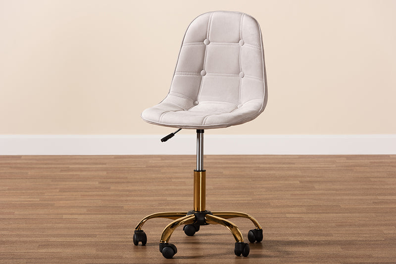 Capucine Contemporary Glam and Luxe Gray Velvet Fabric and Gold Metal Swivel Office chair