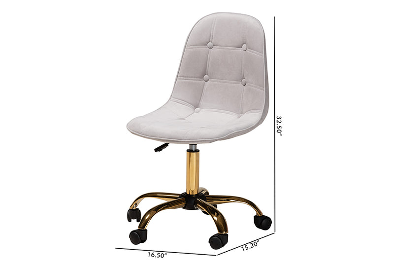 Capucine Contemporary Glam and Luxe Gray Velvet Fabric and Gold Metal Swivel Office chair