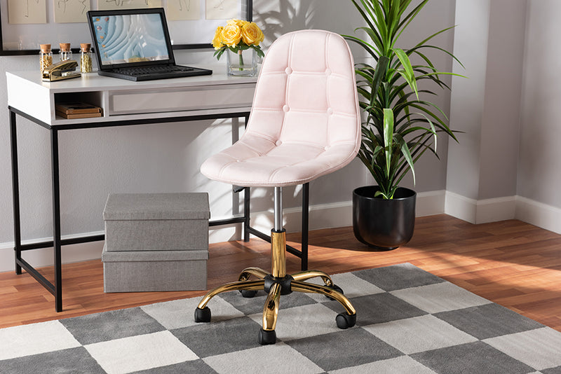 Capucine Contemporary Glam and Luxe Blush Pink Velvet Fabric and Gold Metal Swivel Office chair