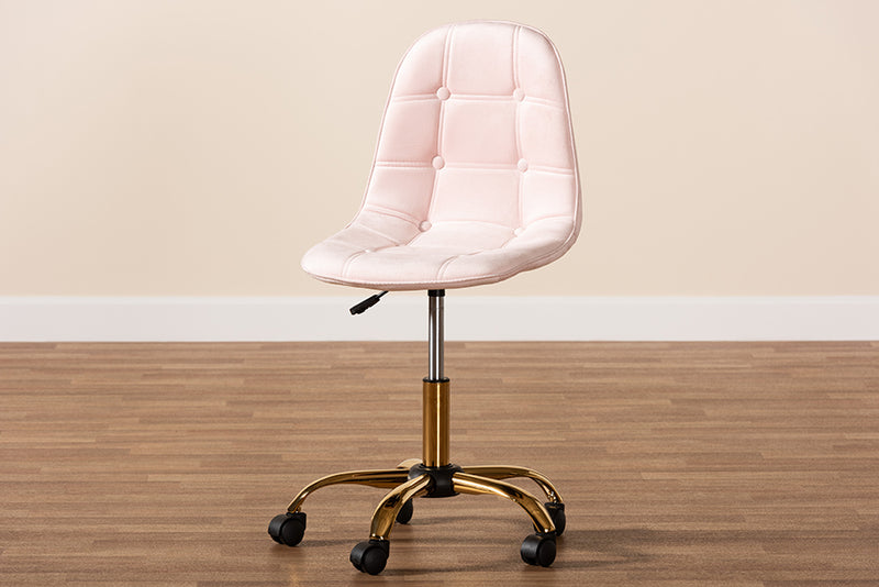 Capucine Contemporary Glam and Luxe Blush Pink Velvet Fabric and Gold Metal Swivel Office chair