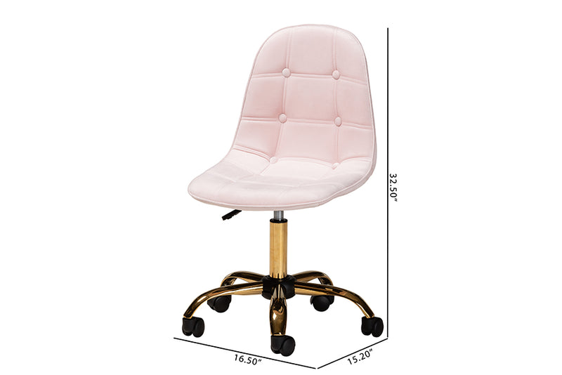 Capucine Contemporary Glam and Luxe Blush Pink Velvet Fabric and Gold Metal Swivel Office chair