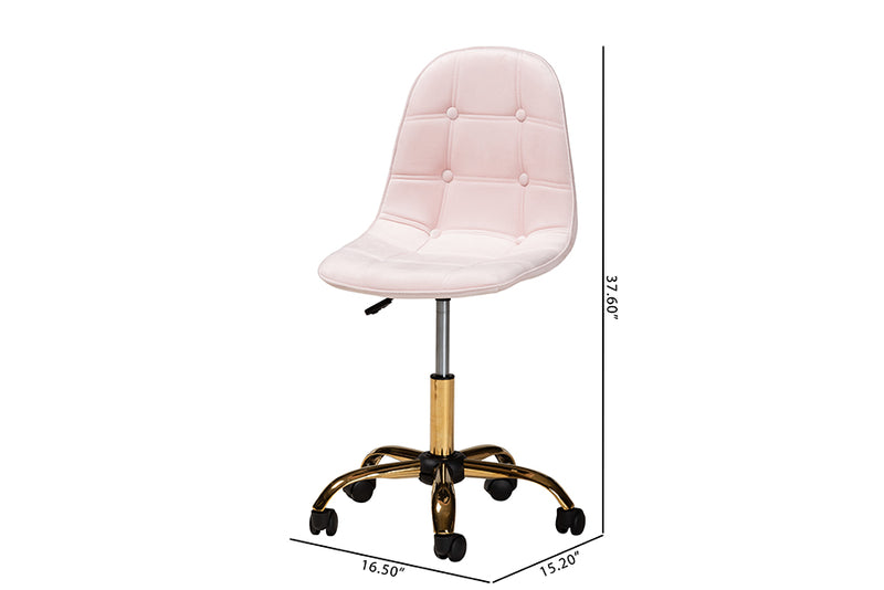 Capucine Contemporary Glam and Luxe Blush Pink Velvet Fabric and Gold Metal Swivel Office chair