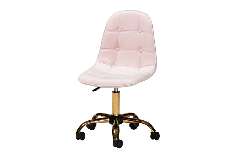 Capucine Contemporary Glam and Luxe Blush Pink Velvet Fabric and Gold Metal Swivel Office chair