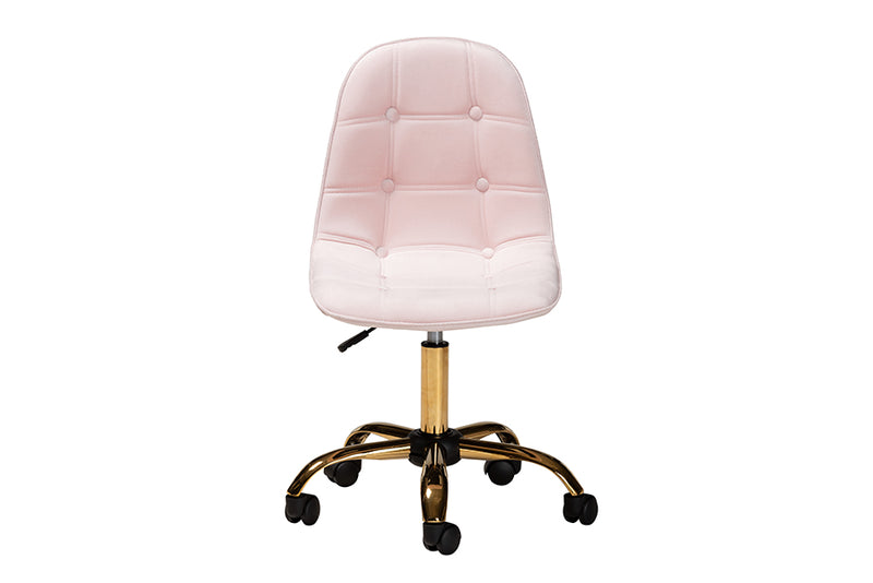 Capucine Contemporary Glam and Luxe Blush Pink Velvet Fabric and Gold Metal Swivel Office chair