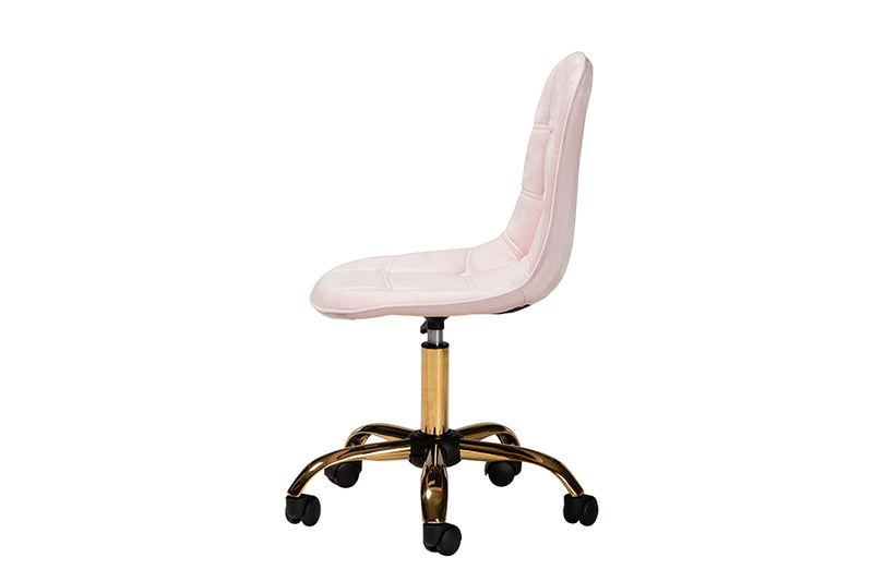 Capucine Contemporary Glam and Luxe Blush Pink Velvet Fabric and Gold Metal Swivel Office chair