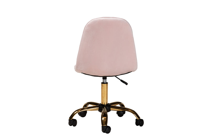 Capucine Contemporary Glam and Luxe Blush Pink Velvet Fabric and Gold Metal Swivel Office chair