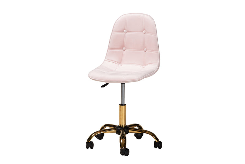 Capucine Contemporary Glam and Luxe Blush Pink Velvet Fabric and Gold Metal Swivel Office chair