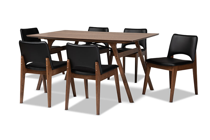 Orella Mid-Century Modern Black Faux Leather Upholstered and Walnut Brown Finished Wood 7-Piece Dining Set