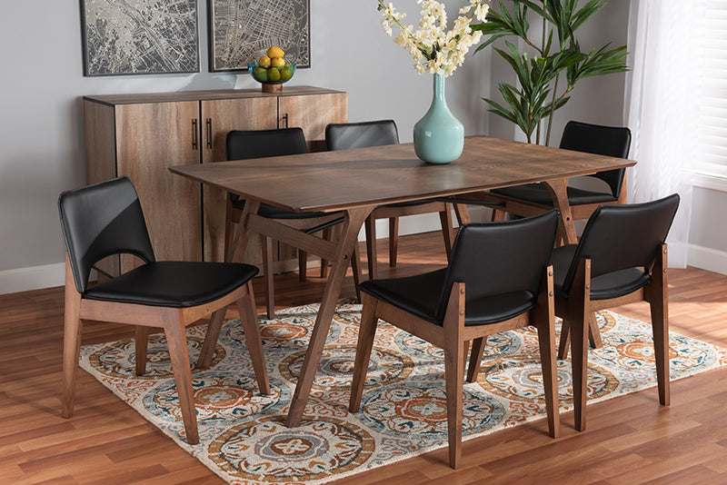 Orella Mid-Century Modern Black Faux Leather Upholstered and Walnut Brown Finished Wood 7-Piece Dining Set