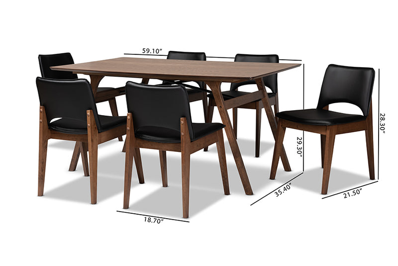 Orella Mid-Century Modern Black Faux Leather Upholstered and Walnut Brown Finished Wood 7-Piece Dining Set