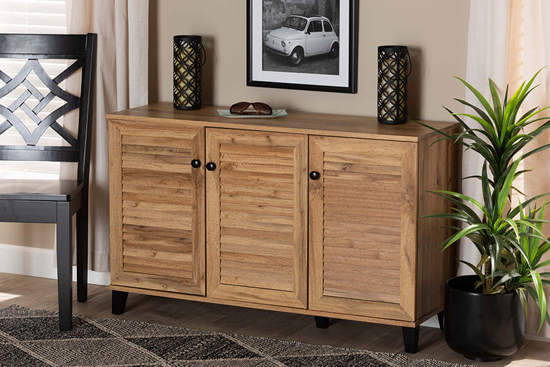 Theo Modern and Contemporary Oak Brown Finished Wood 3-Door Shoe Storage Cabinet