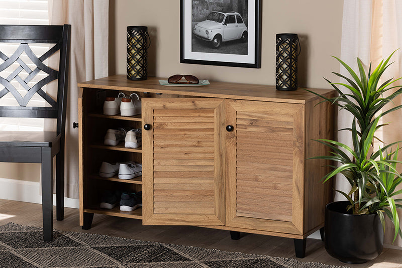 Theo Modern and Contemporary Oak Brown Finished Wood 3-Door Shoe Storage Cabinet