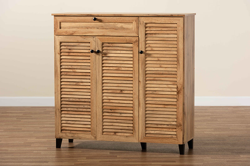 Theo Modern and Contemporary Oak Brown Finished Wood 3-Door Shoe Storage Cabinet w/Drawer