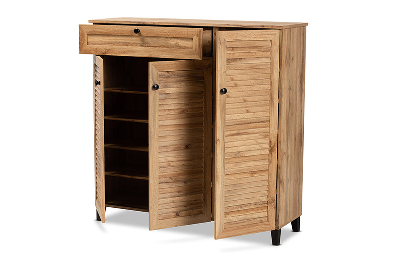 Theo Modern and Contemporary Oak Brown Finished Wood 3-Door Shoe Storage Cabinet w/Drawer