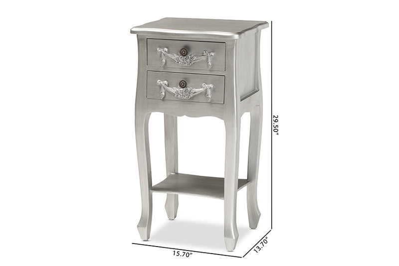 Melora Classic and Traditional Brushed Silver Finished Wood 2-Drawer End Table