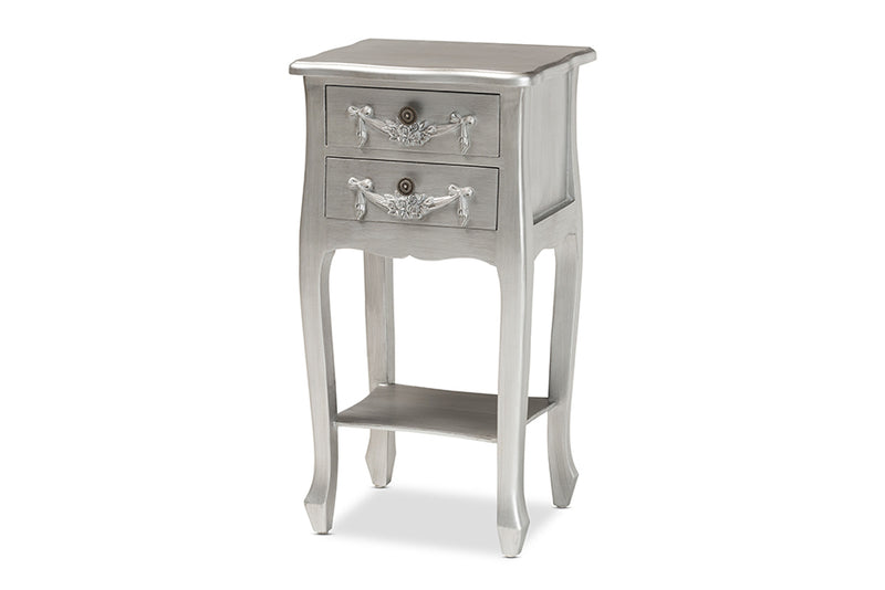 Melora Classic and Traditional Brushed Silver Finished Wood 2-Drawer End Table