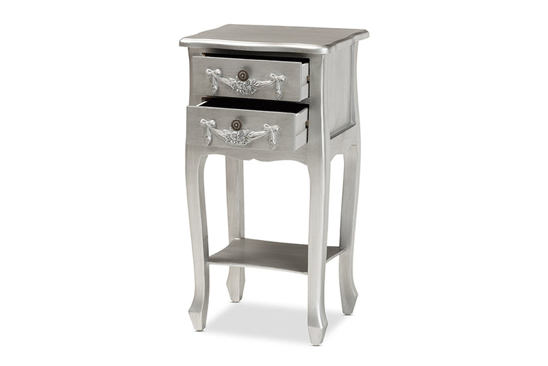 Melora Classic and Traditional Brushed Silver Finished Wood 2-Drawer End Table