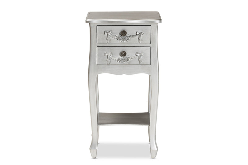 Melora Classic and Traditional Brushed Silver Finished Wood 2-Drawer End Table