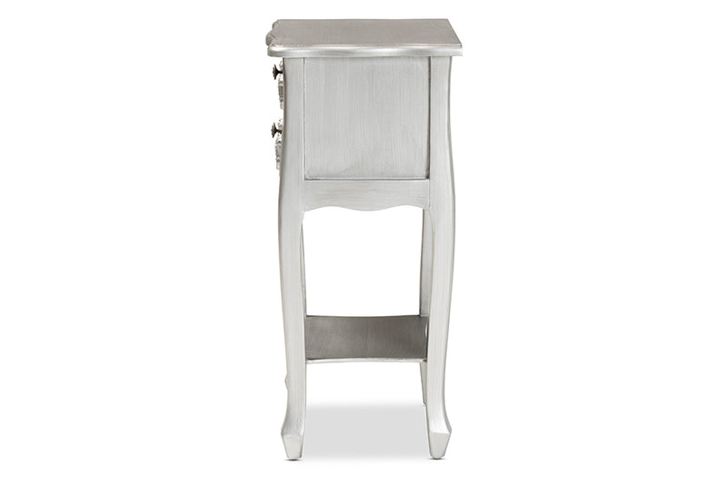 Melora Classic and Traditional Brushed Silver Finished Wood 2-Drawer End Table