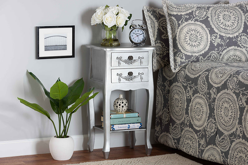 Melora Classic and Traditional Brushed Silver Finished Wood 2-Drawer End Table