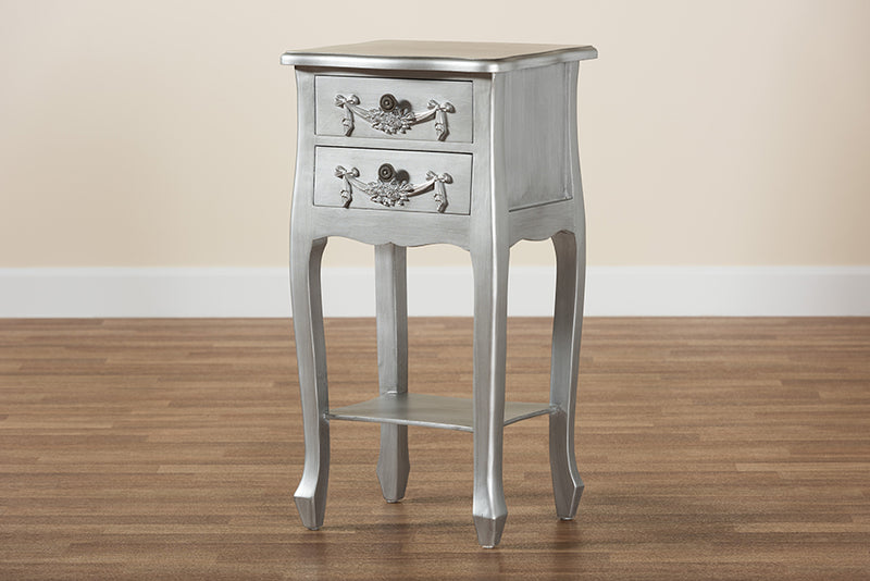 Melora Classic and Traditional Brushed Silver Finished Wood 2-Drawer End Table