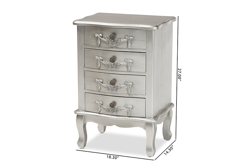 Merida Classic and Traditional Brushed Silver Finished Wood 4-Drawer End Table