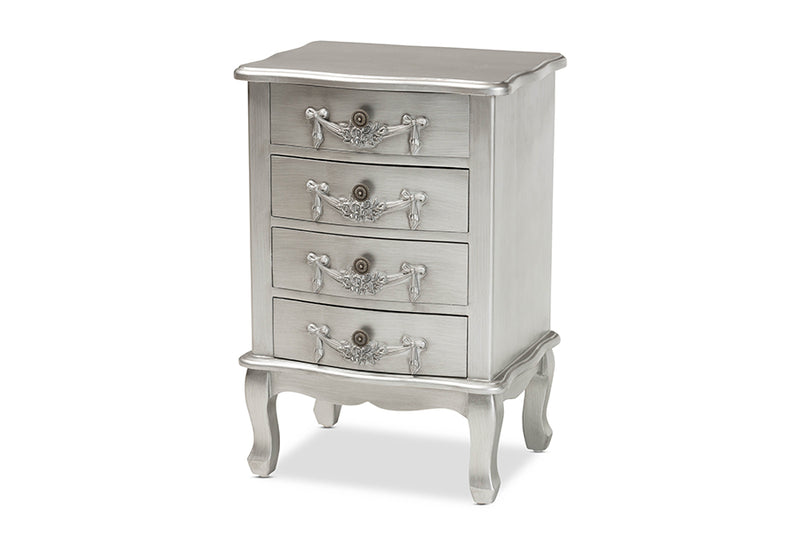 Merida Classic and Traditional Brushed Silver Finished Wood 4-Drawer End Table