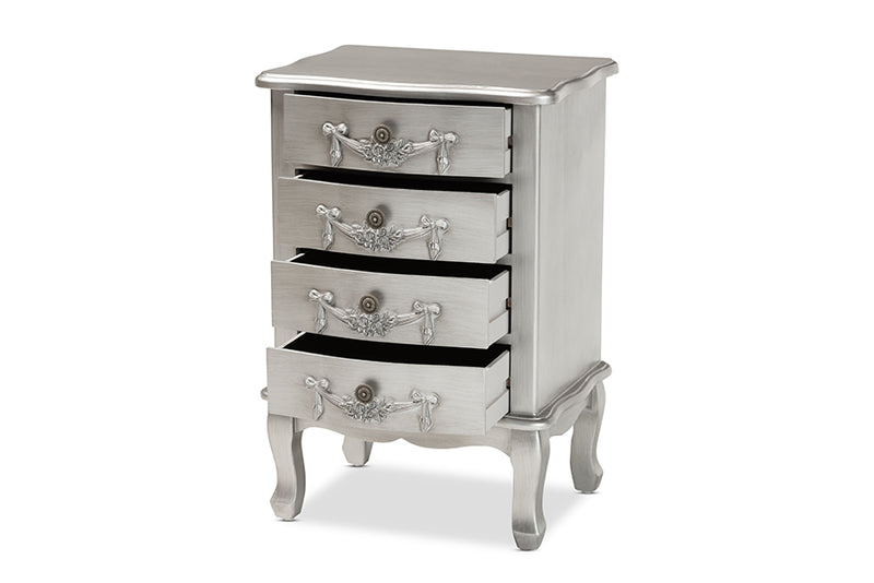 Merida Classic and Traditional Brushed Silver Finished Wood 4-Drawer End Table