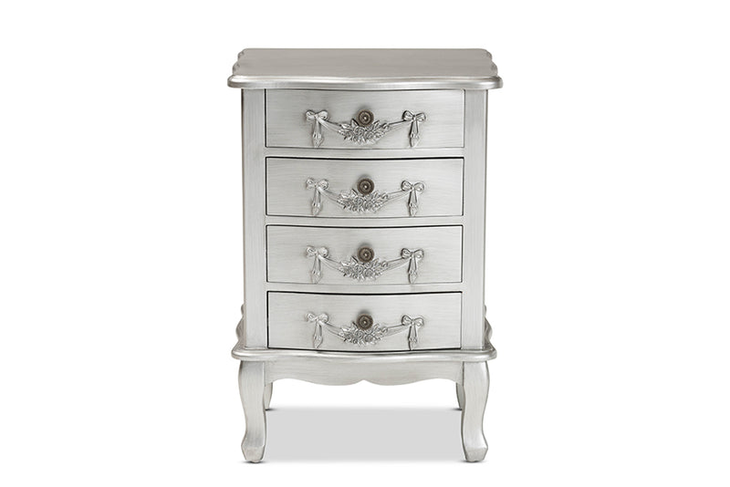 Merida Classic and Traditional Brushed Silver Finished Wood 4-Drawer End Table