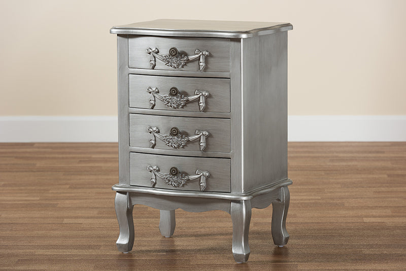 Merida Classic and Traditional Brushed Silver Finished Wood 4-Drawer End Table