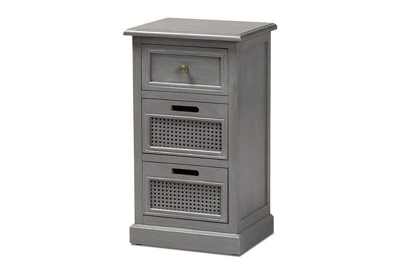 Danielle Modern and Contemporary Vintage Gray Finished Wood and Synthetic Rattan 3-Drawer End Table