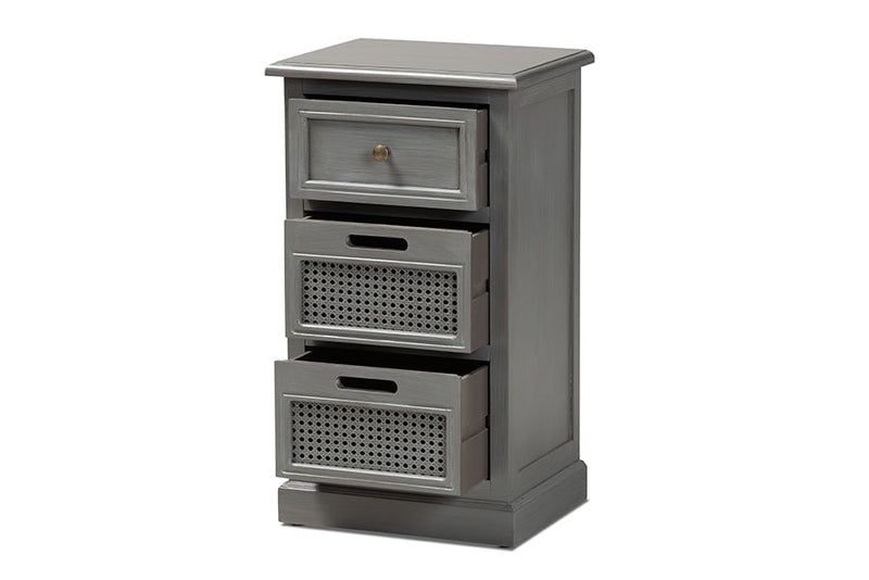 Danielle Gray and Synthetic Rattan 3-Drawer End Table Baxton