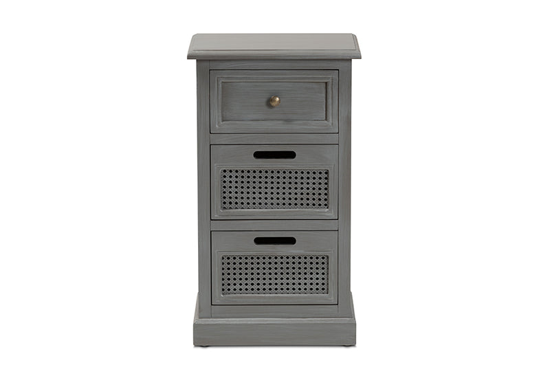 Danielle Modern and Contemporary Vintage Gray Finished Wood and Synthetic Rattan 3-Drawer End Table