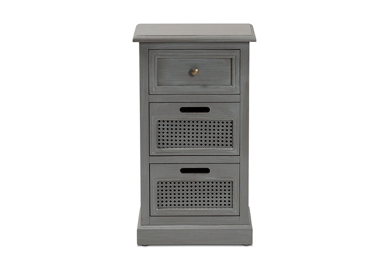 Danielle Gray and Synthetic Rattan 3-Drawer End Table Baxton