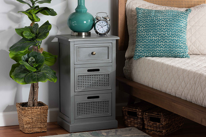 Danielle Modern and Contemporary Vintage Gray Finished Wood and Synthetic Rattan 3-Drawer End Table