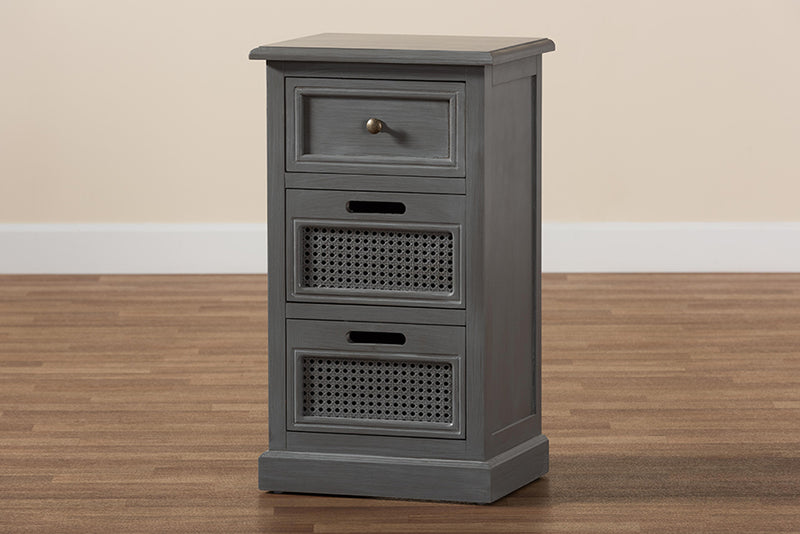 Danielle Modern and Contemporary Vintage Gray Finished Wood and Synthetic Rattan 3-Drawer End Table