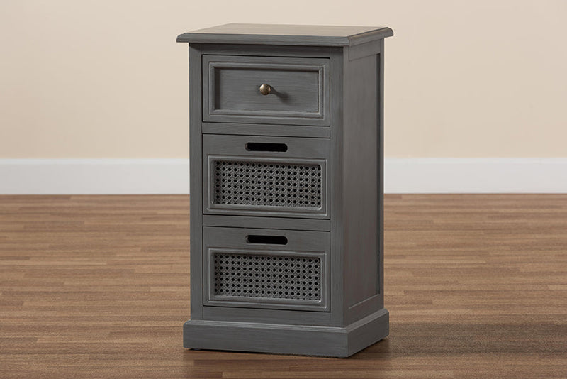 Danielle Gray and Synthetic Rattan 3-Drawer End Table Baxton