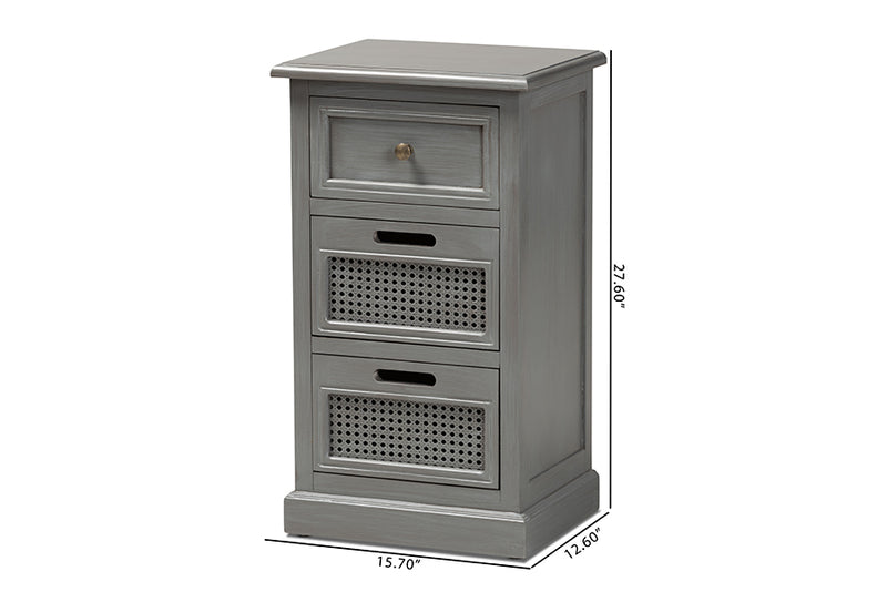 Danielle Modern and Contemporary Vintage Gray Finished Wood and Synthetic Rattan 3-Drawer End Table