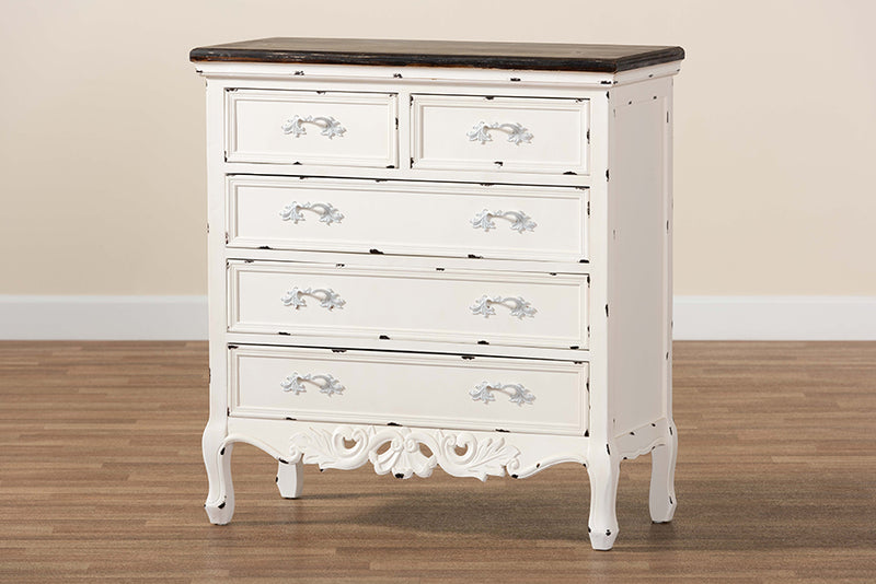 Firenze Classic and Traditional Two-Tone Walnut Brown and Antique White Finished Wood 5-Drawer Storage Cabinet