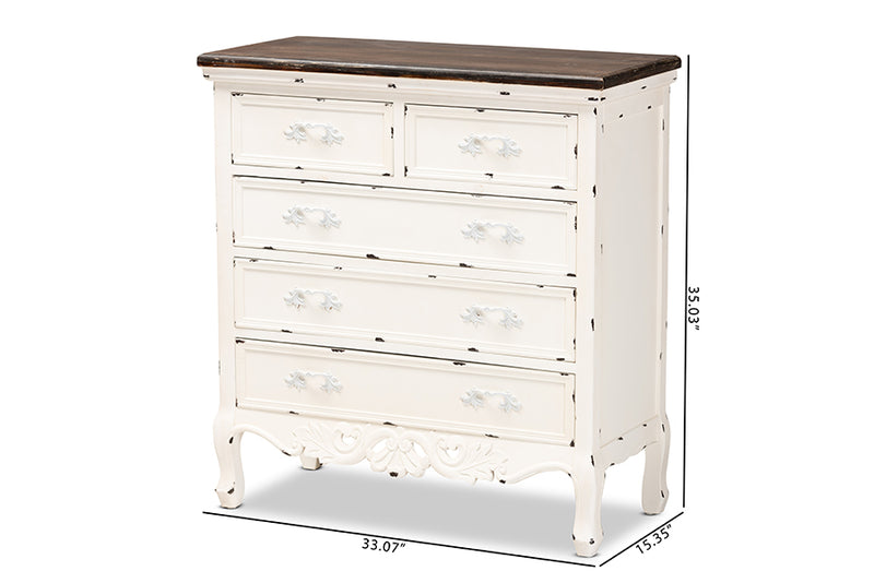 Firenze Classic and Traditional Two-Tone Walnut Brown and Antique White Finished Wood 5-Drawer Storage Cabinet