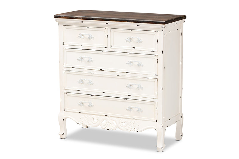 Firenze Classic and Traditional Two-Tone Walnut Brown and Antique White Finished Wood 5-Drawer Storage Cabinet