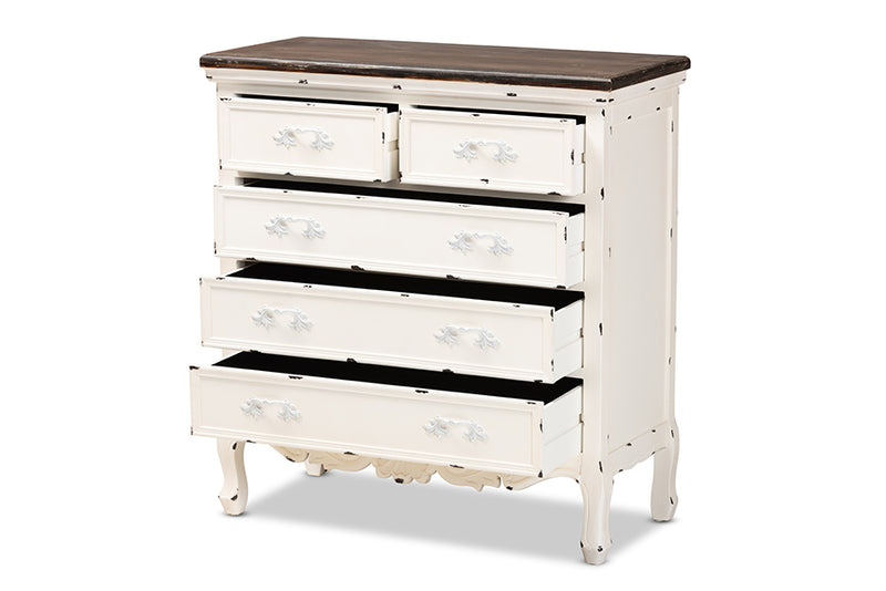 Firenze Classic and Traditional Two-Tone Walnut Brown and Antique White Finished Wood 5-Drawer Storage Cabinet