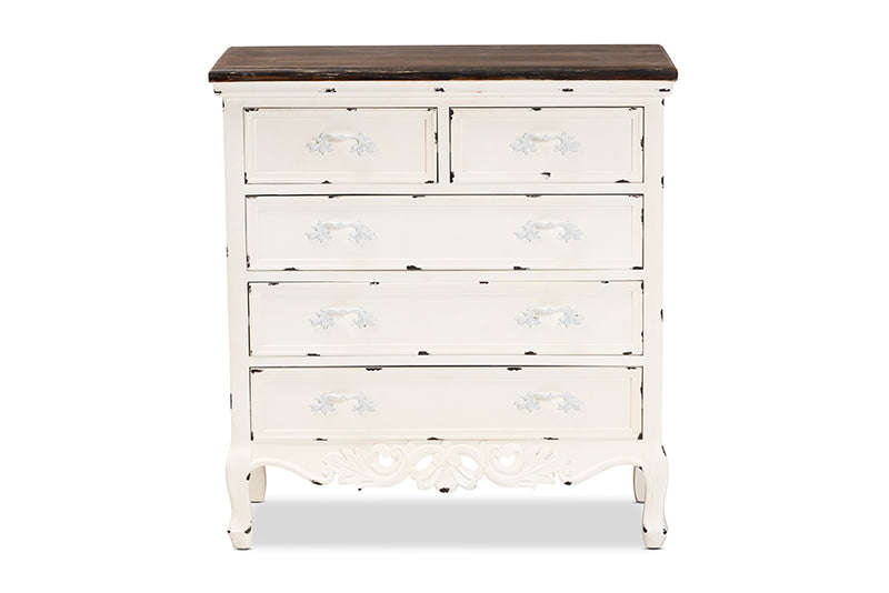 Firenze Classic and Traditional Two-Tone Walnut Brown and Antique White Finished Wood 5-Drawer Storage Cabinet