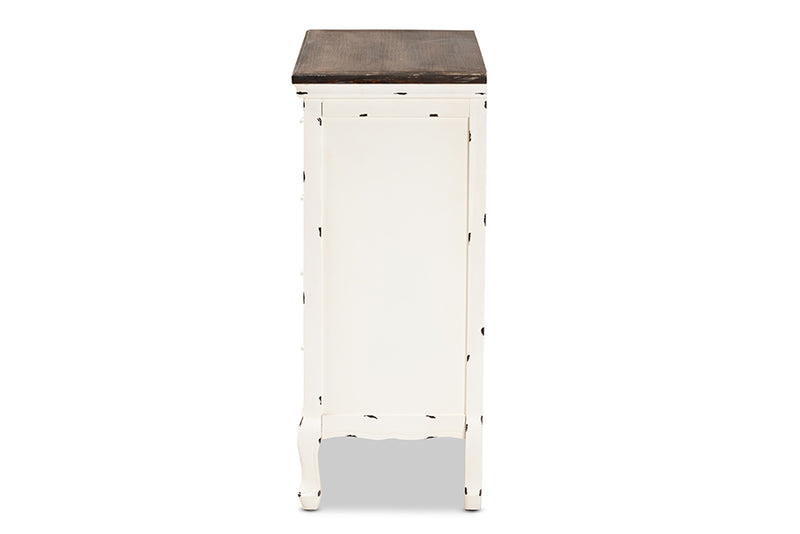 Firenze Classic and Traditional Two-Tone Walnut Brown and Antique White Finished Wood 5-Drawer Storage Cabinet