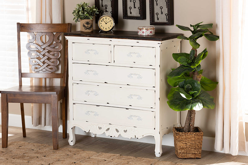 Firenze Classic and Traditional Two-Tone Walnut Brown and Antique White Finished Wood 5-Drawer Storage Cabinet