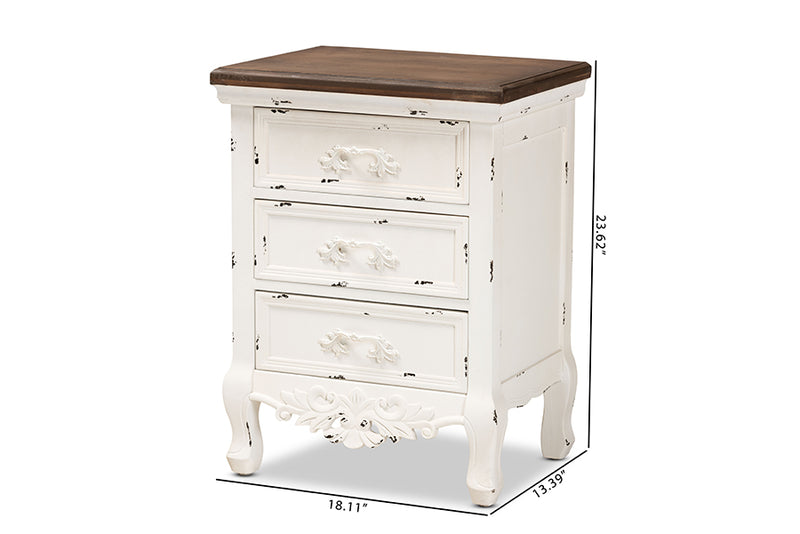 Firenze Classic and Traditional Walnut Brown and Antique White Finished Wood 3-Drawer End Table