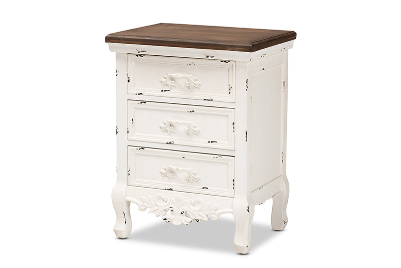 Firenze Classic and Traditional Walnut Brown and Antique White Finished Wood 3-Drawer End Table