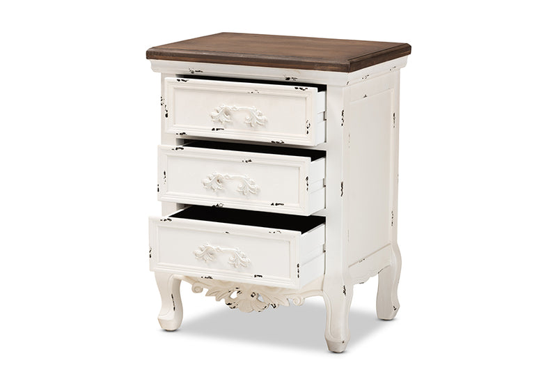 Firenze Classic and Traditional Walnut Brown and Antique White Finished Wood 3-Drawer End Table